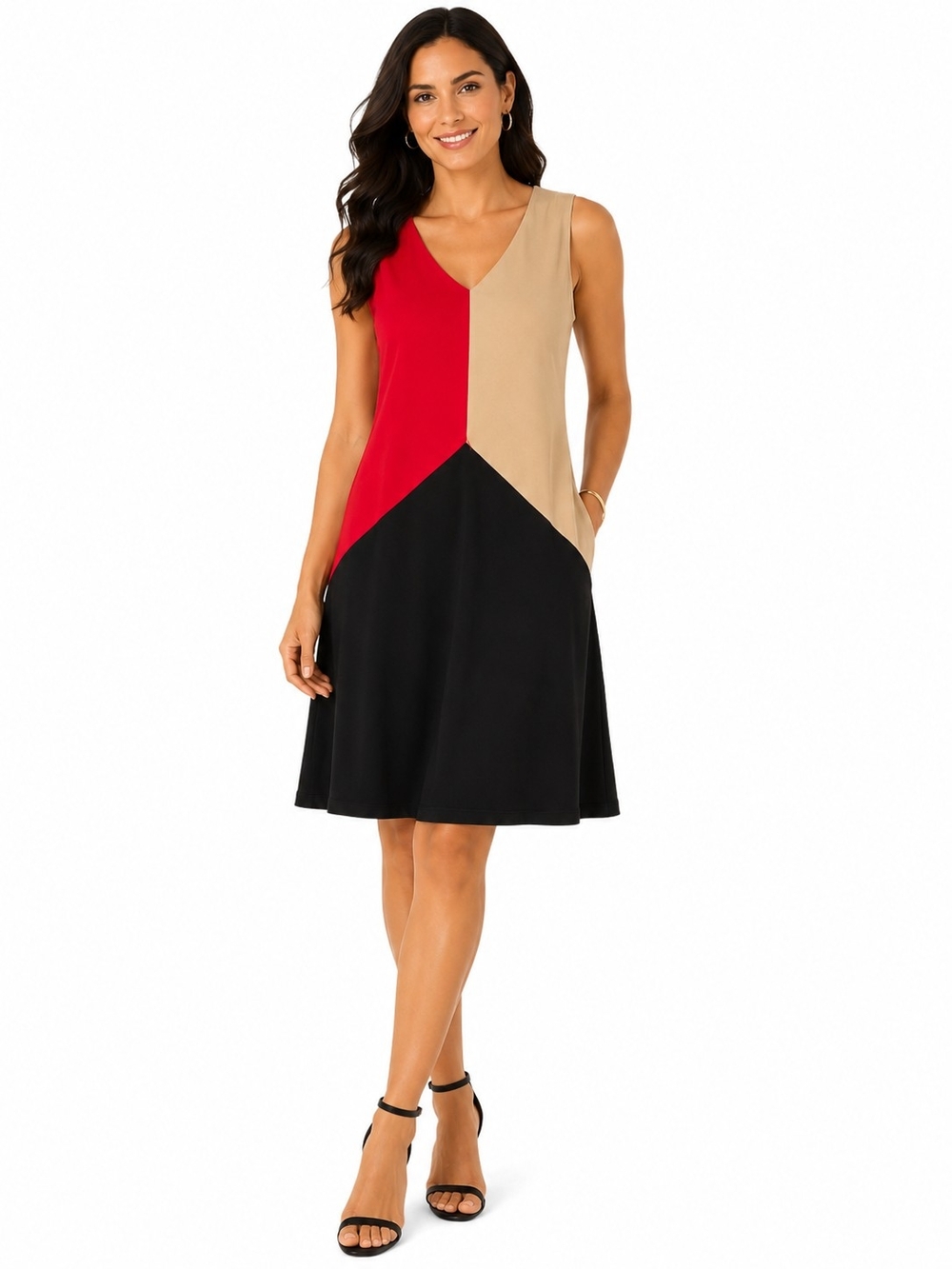 Calvin Klein Red, Beige & Black V-Neck Colorblock A-Line Dress